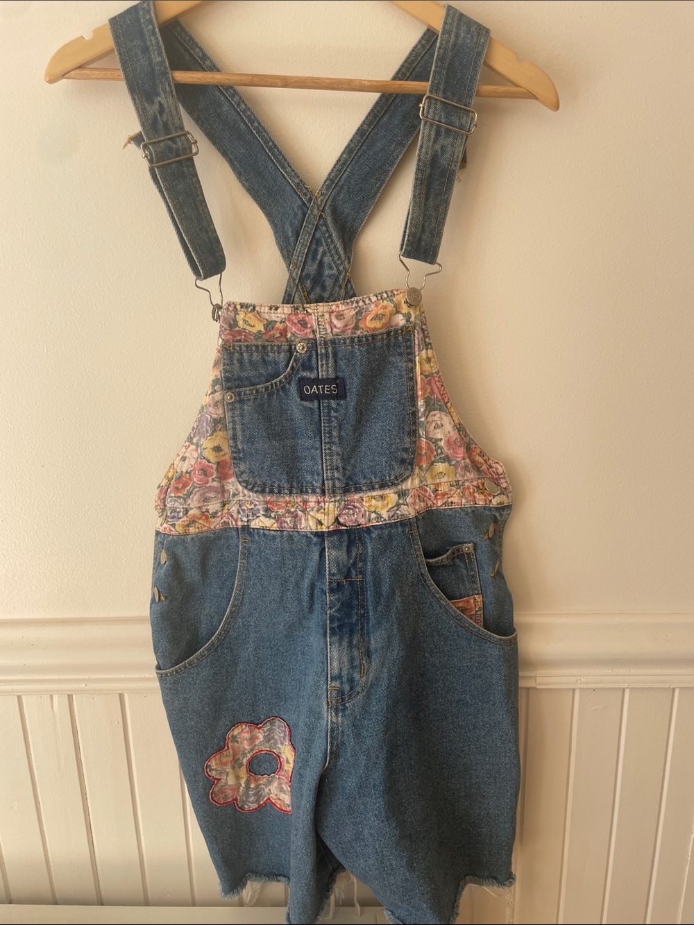 Vintage Denim Floral-Trim Overall